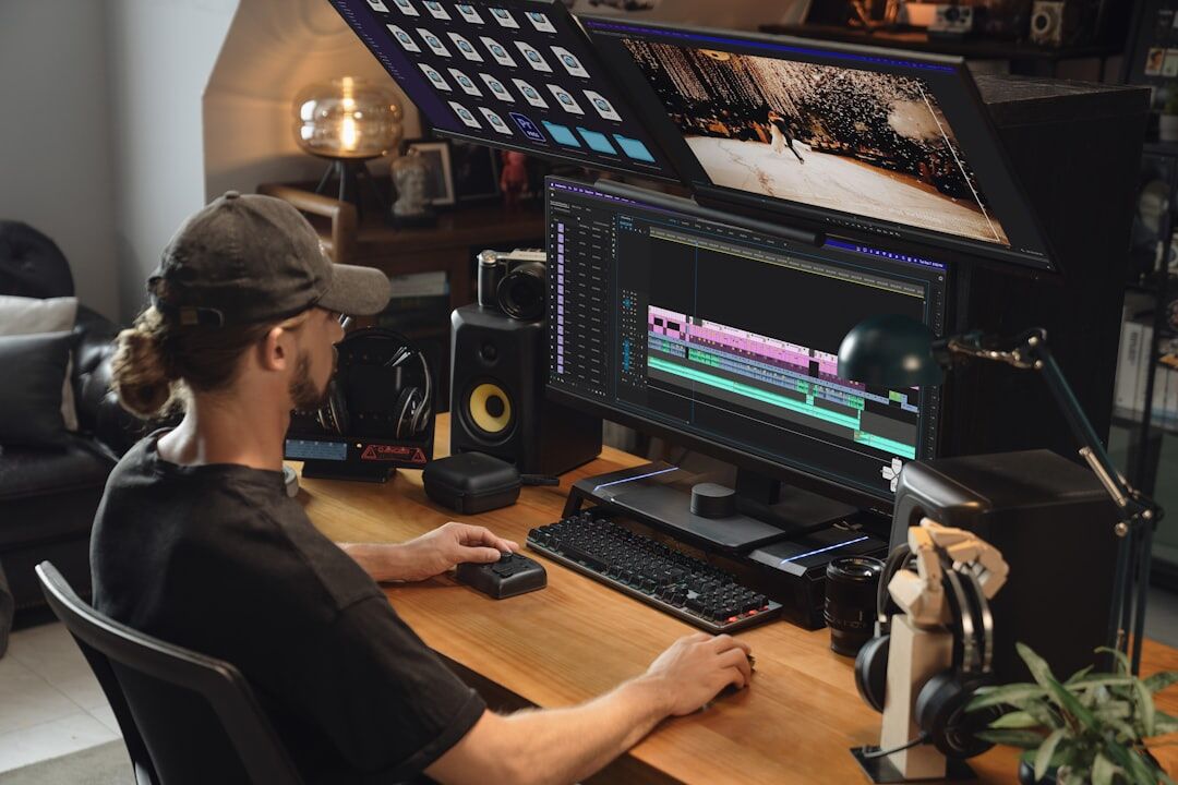 Video production workflow with multiple monitors and editing suite