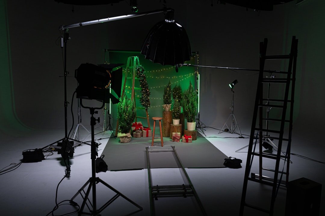 Studio lighting setup with LED panels and softboxes