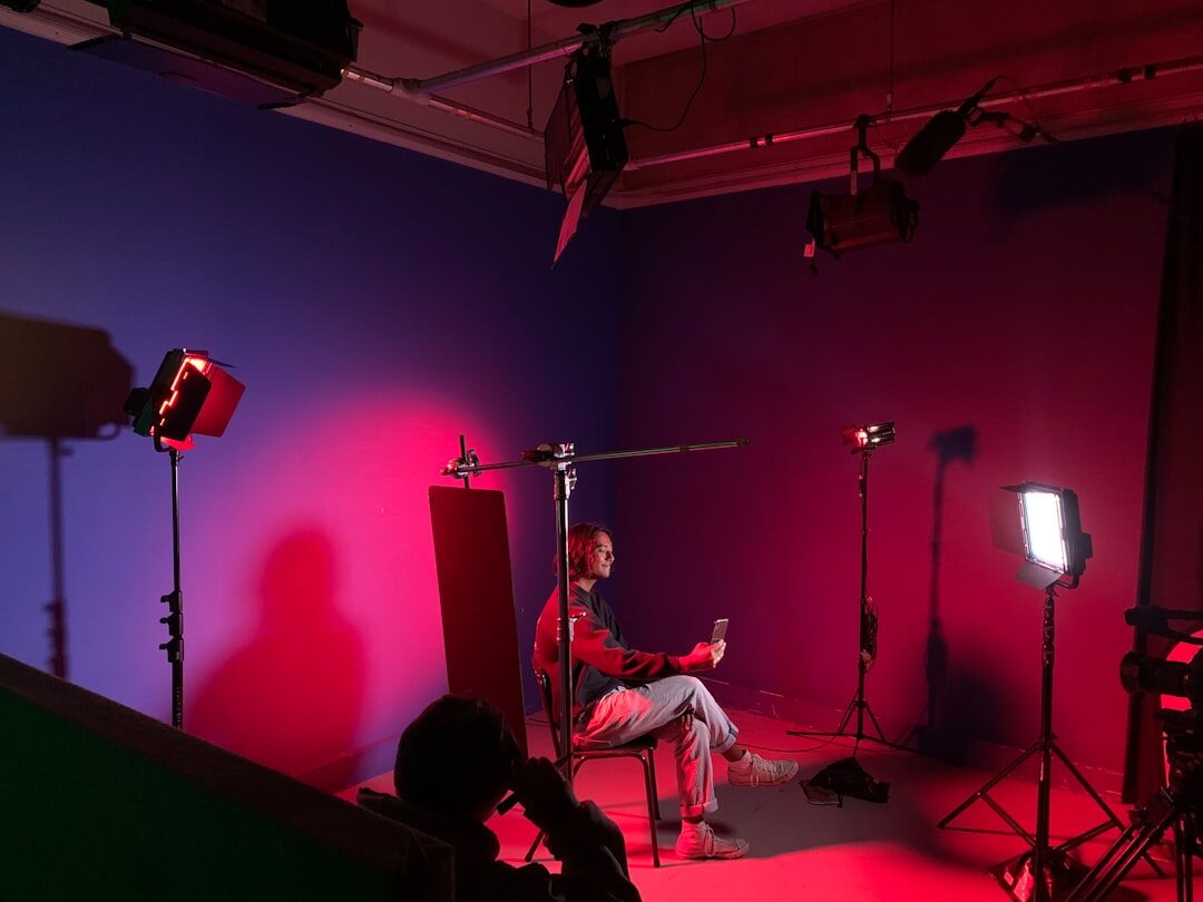Professional broadcast studio with cameras and lighting rigs